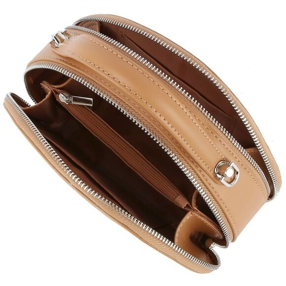 DIONA J WOMEN LEATHER PLAIN SMOOTH CURVED SHAPE HANDLE CROSSBODY BAG COLOR TAN - Picture 2 of 3